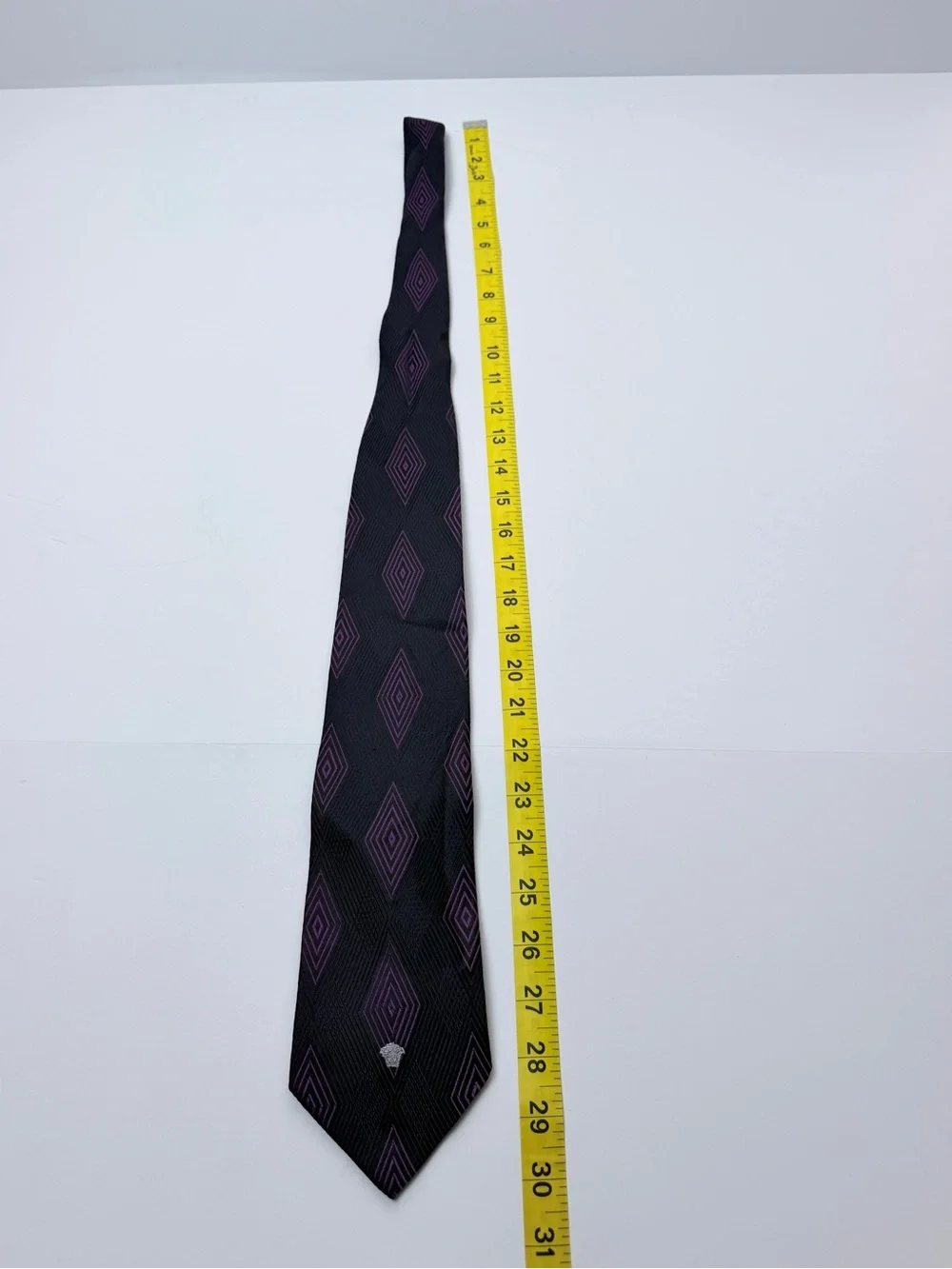 Vintage Versace Men’s 100% Silk Tie Black Purple Geometric Medusa Made Italy